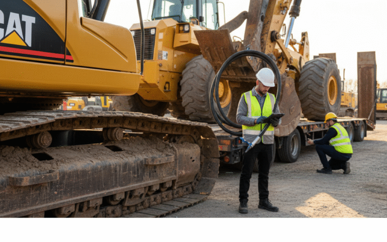 Professional inspecting excavator before heavy equipment transport, focusing on hydraulic systems, tires, and tracks for safe pre-shipping preparation.