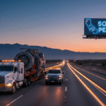 A heavy haul truck transporting oversized construction equipment through Southern California highways with an “Oversized Load” banner, following state permit compliance.