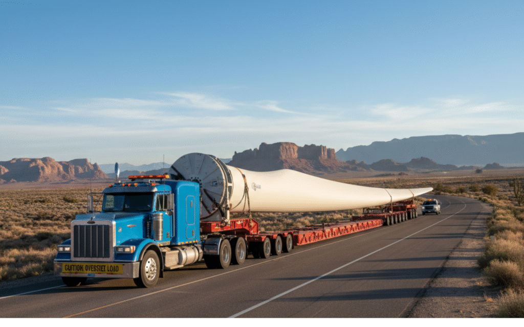 Specialized heavy haul trailer transporting a wind turbine blade for renewable energy project