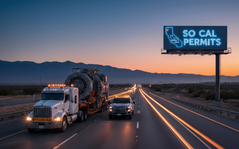 A heavy haul truck transporting oversized construction equipment through Southern California highways with an “Oversized Load” banner, following state permit compliance.