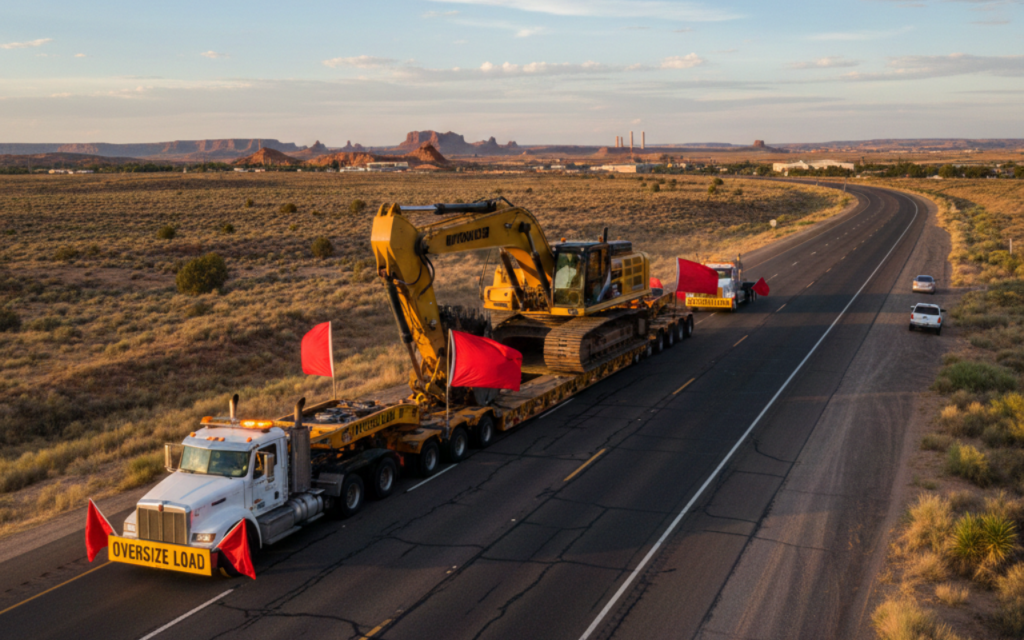 Oversized excavator being transported on heavy haul trailer with GPS tracking for real-time visibility