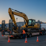 Emergency heavy equipment transport with a heavy haul truck securing oversized equipment at a loading yard, ready for 24/7 rapid delivery