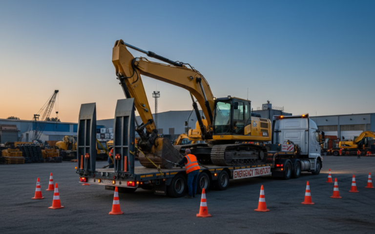 Emergency heavy equipment transport with a heavy haul truck securing oversized equipment at a loading yard, ready for 24/7 rapid delivery