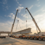 Workers and crane loading a massive precast concrete bridge beam onto a heavy haul trailer for safe transport