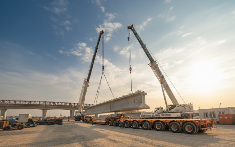 Workers and crane loading a massive precast concrete bridge beam onto a heavy haul trailer for safe transport