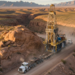 Oil and gas equipment transport with heavy haul trailer carrying drilling rig on remote unpaved road