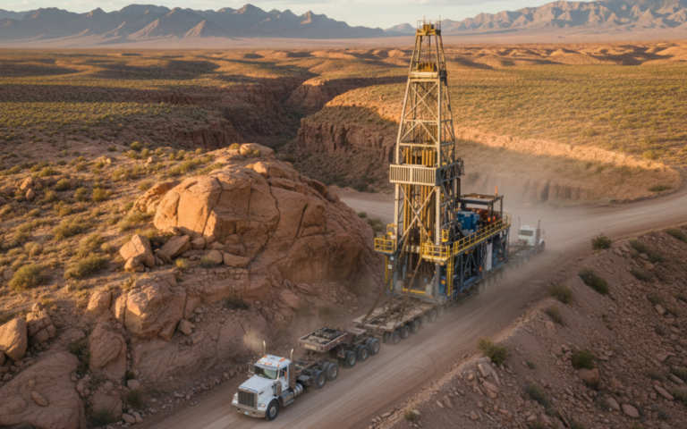 Oil and gas equipment transport with heavy haul trailer carrying drilling rig on remote unpaved road